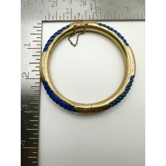 Vintage sterling silver gold plated carved lapis lazuli bangle Bracelet - Picture 10 of 10